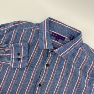 KOLTE Men's XXL 18 1/2 Linen Cotton Blend Blue Striped Button Down Long Sleeve